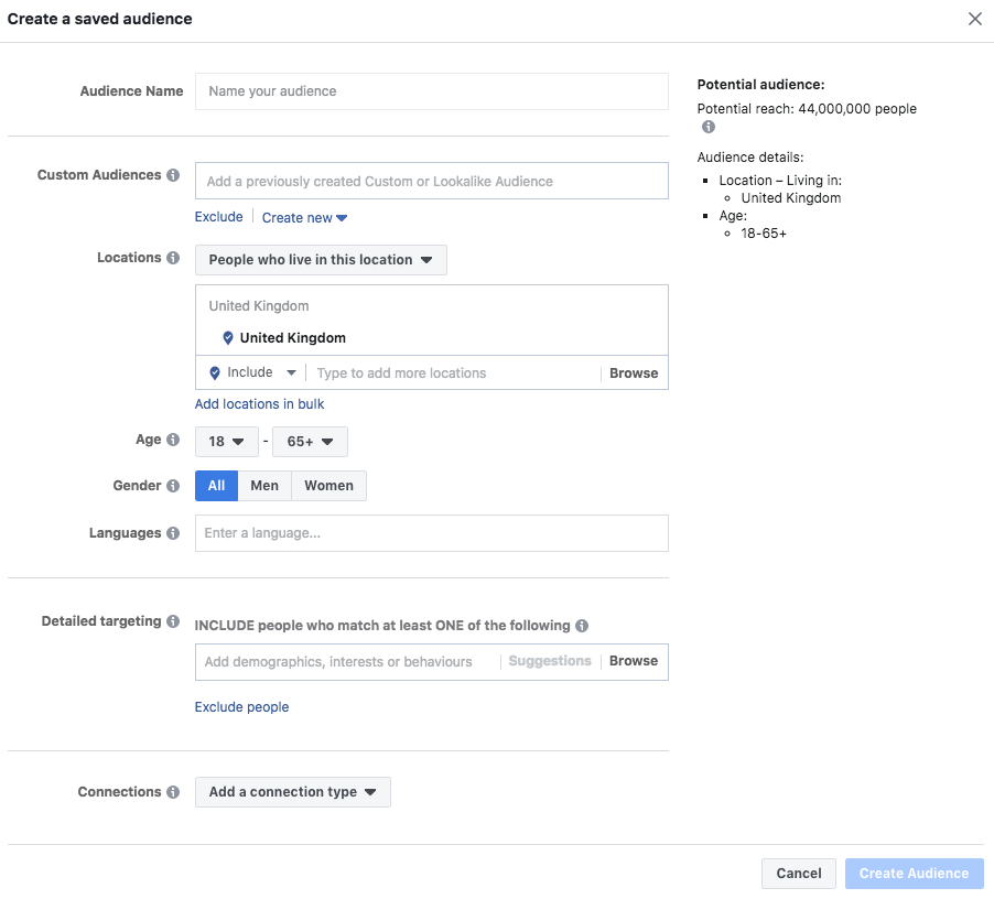 Audience creation tool in Facebook