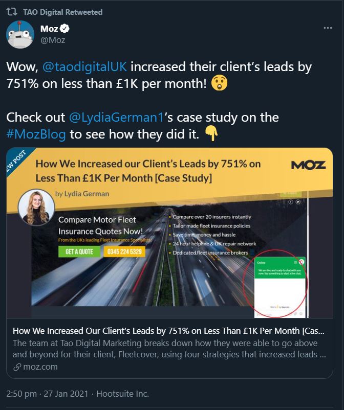 Moz shares Tao Digital Fleetcover case study on social media
