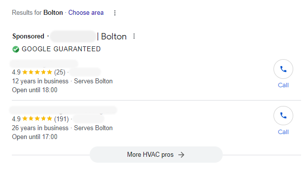 Screenshot of Google Local Service Ads