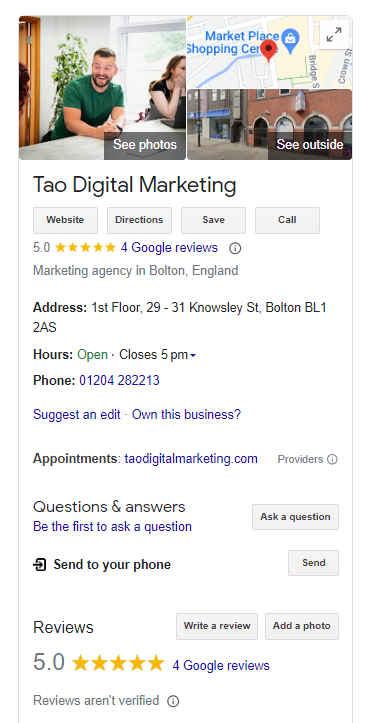 Screenshot of Google Business Profile