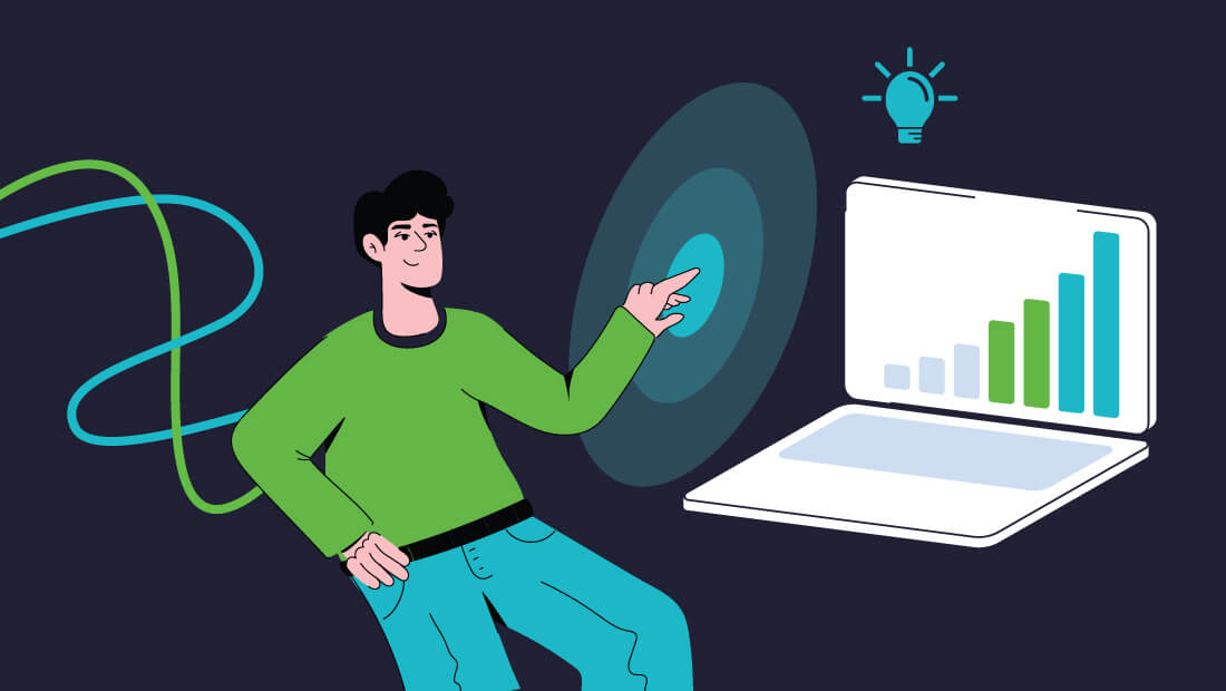 Graphic of man with laptop and graph