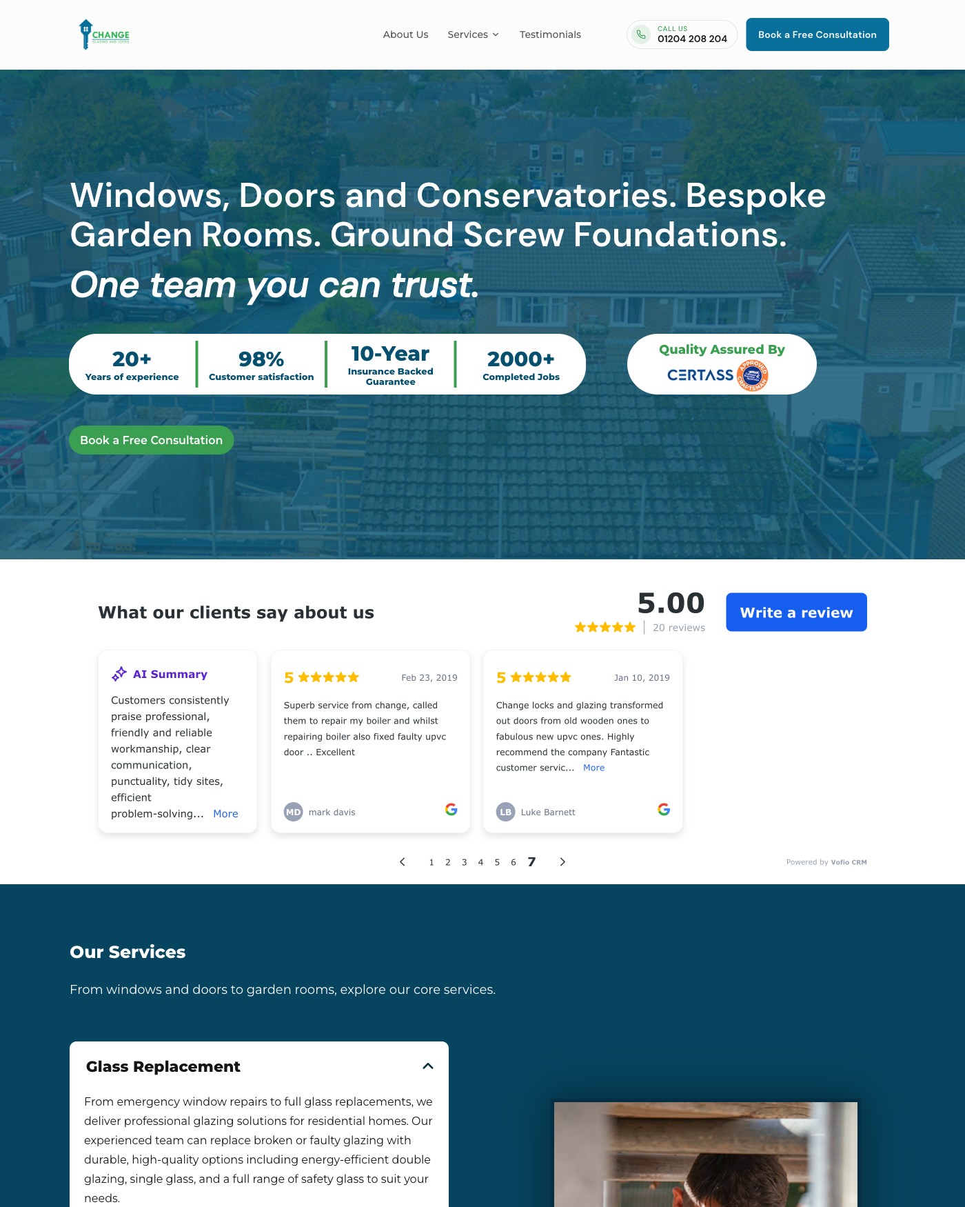 The Change Glazing & Doors homepage on desktop