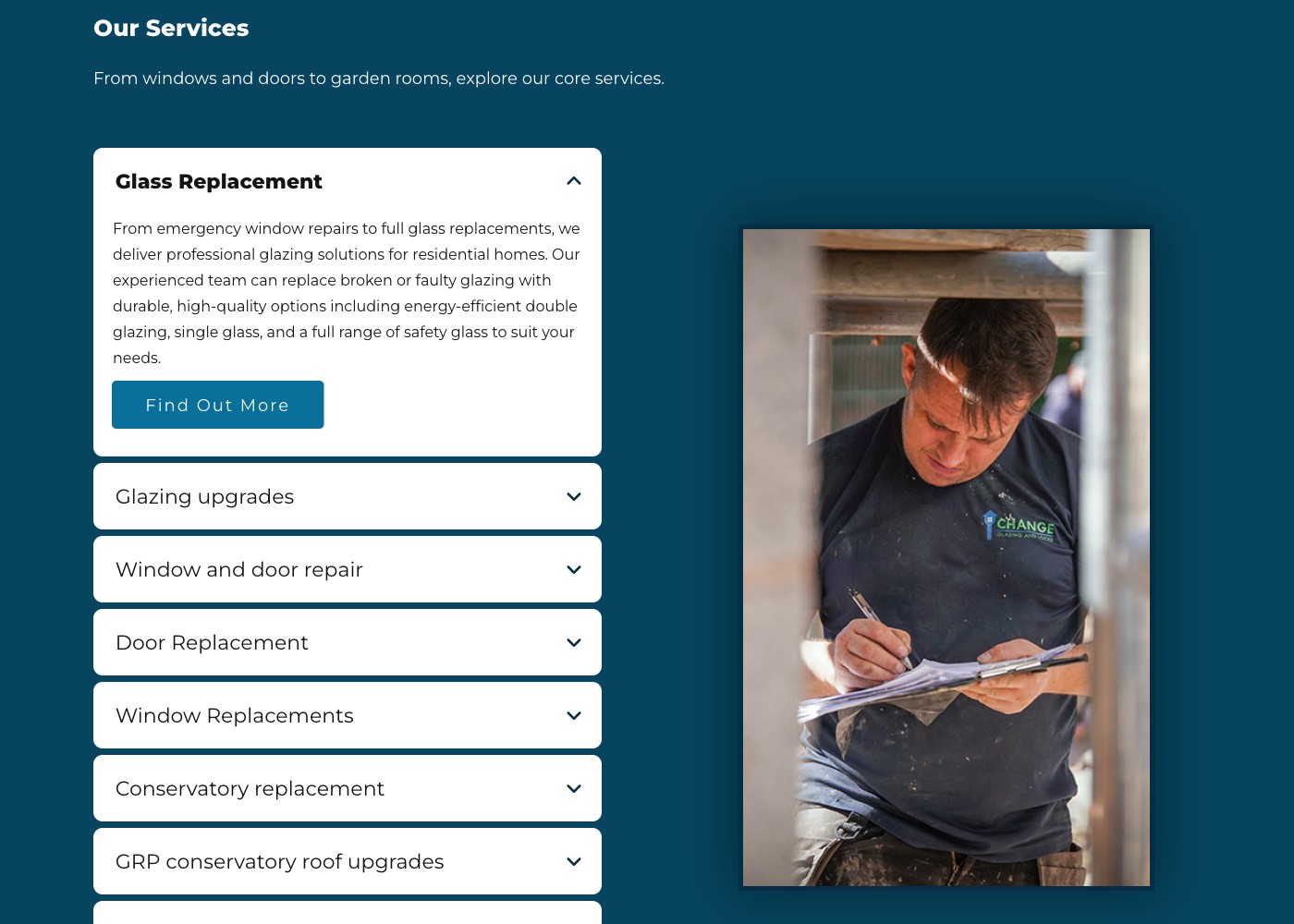 The services section of the Change Glazing & Doors website