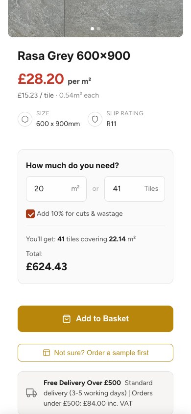 The Build Pave calculator and basket on a phone