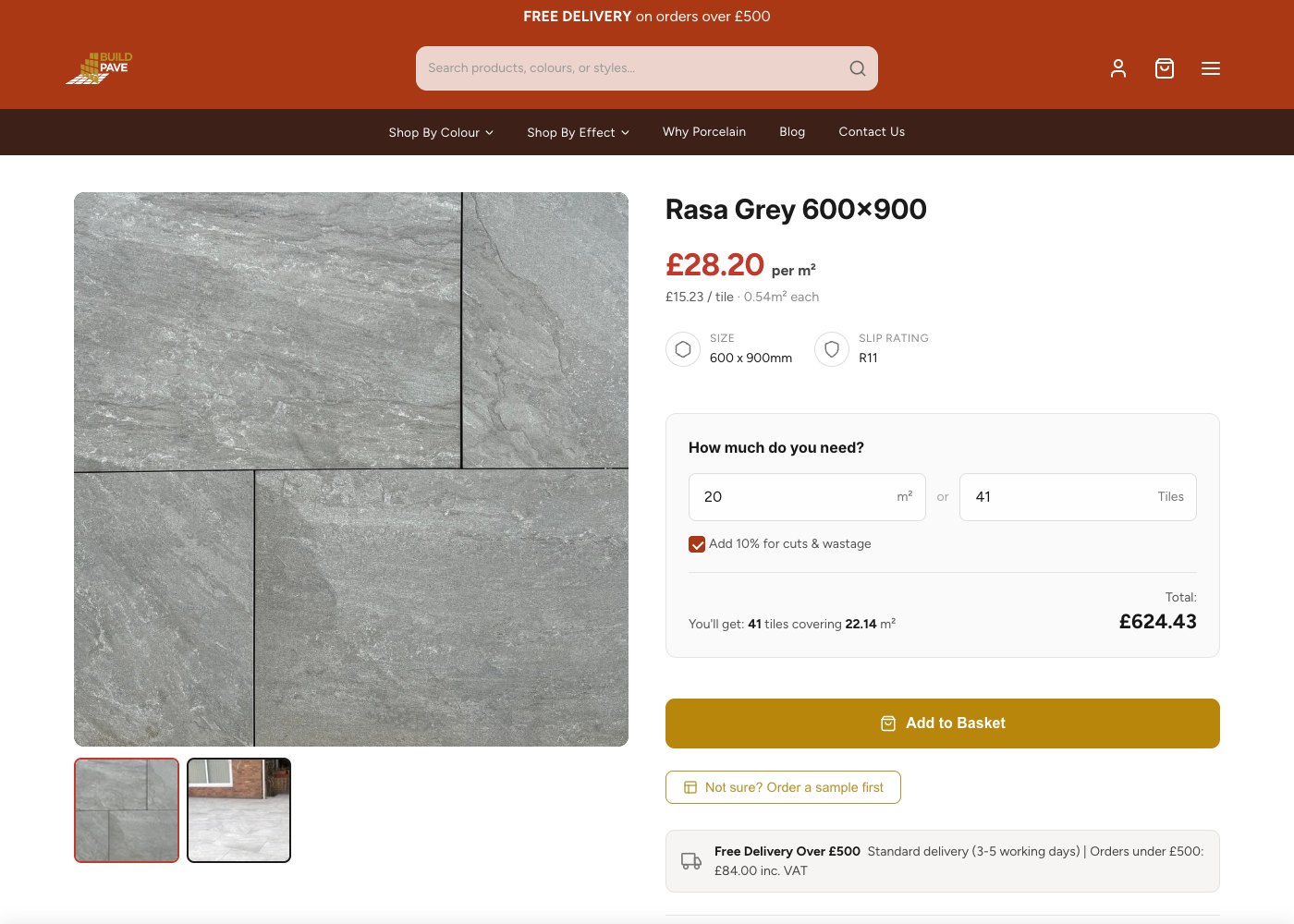 A Build Pave product page, with the calculator showing 41 tiles for 20 square metres